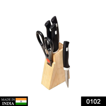 KITCHEN KNIFE SET WITH WOODEN BLOCK AND SCISSORS (5 PCS, BLACK)