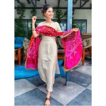 Acquard silk kurti and pant with georgette dupatta fancy golden lace border.