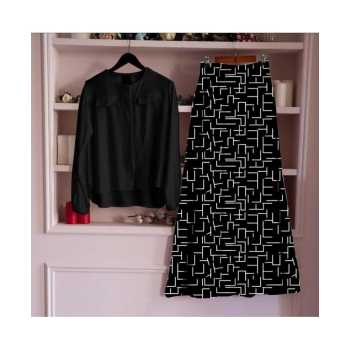 Digital Printed Skirt With Plain Concealed Placket Top