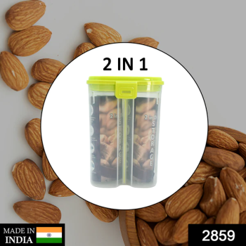 2 IN 1 TRANSPARENT PLASTIC LOCK FOOD 2 SECTION STORAGE AIRTIGHT CONTAINER JAR FOR CEREALS, SNACKS, PULSES GROCERY CONTAINER, FRIDGE CONTAINER 